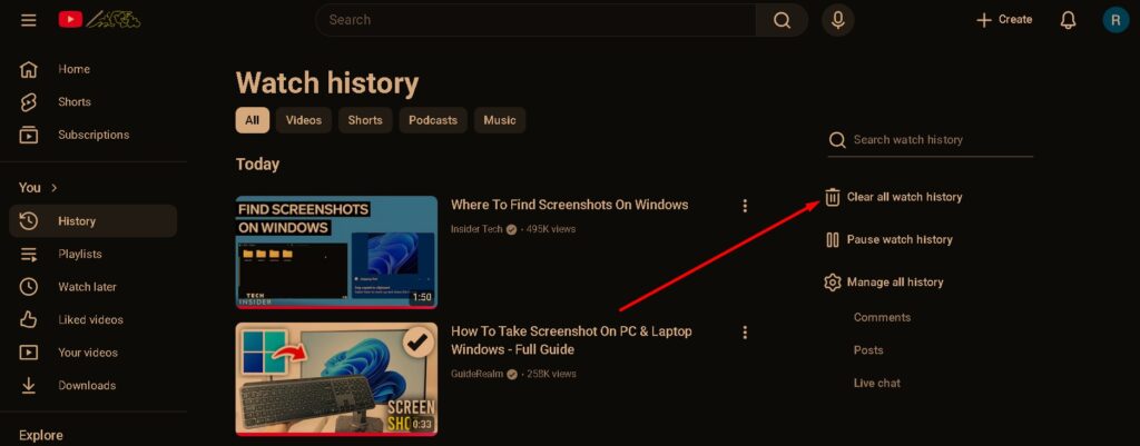 click clear all watch history