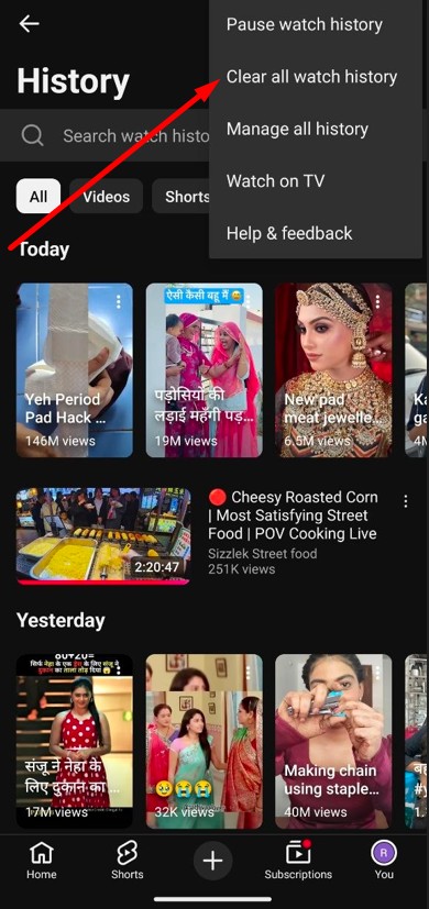 click clear all watch history in mobile