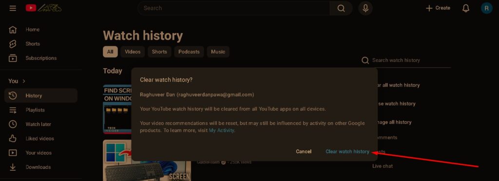 click clear watch history