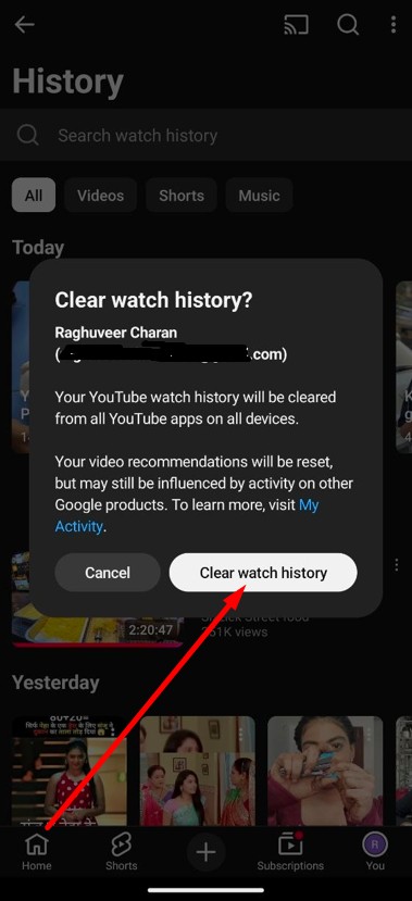 click clear watch history option in mobile