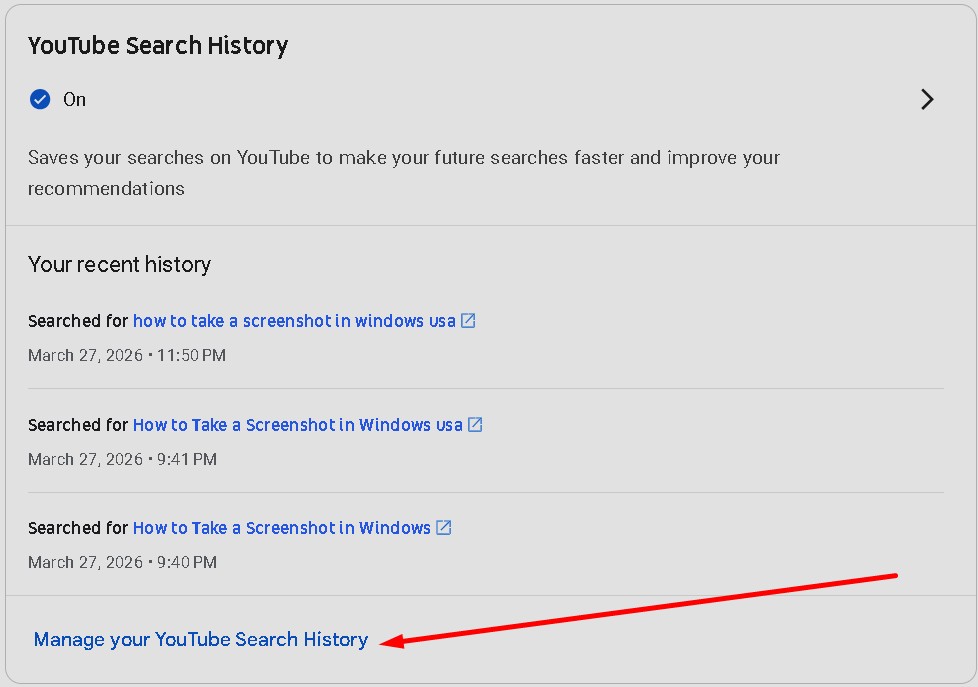 click manage your youtube search history