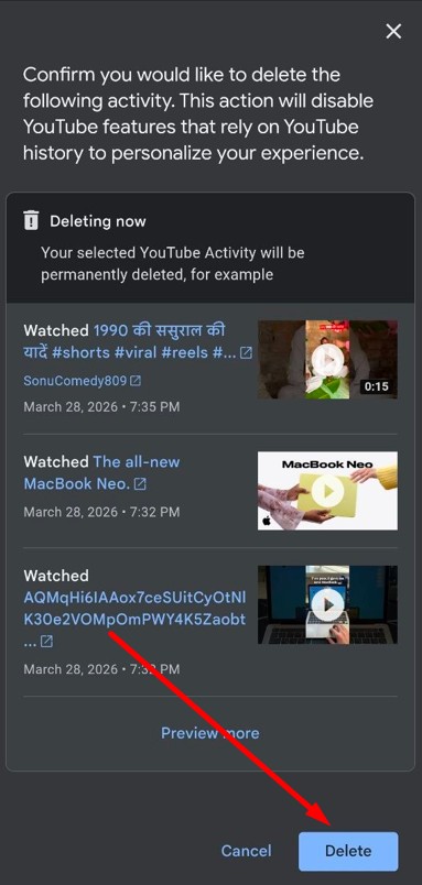 click on delete option again