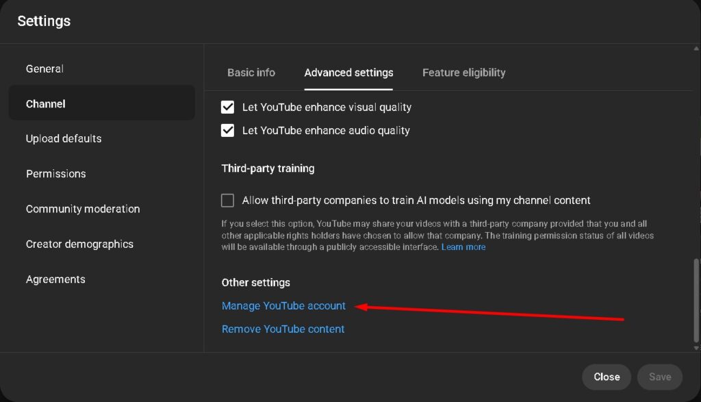 click Manage YouTube Account