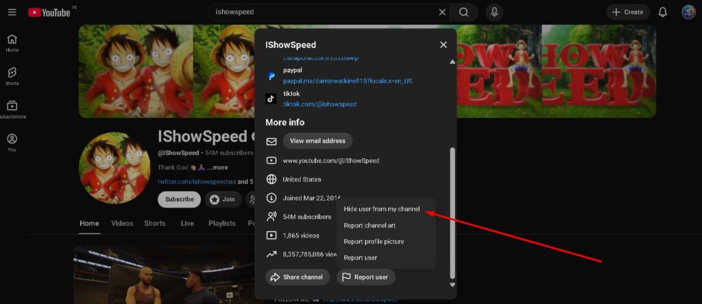 click hide user form my channel