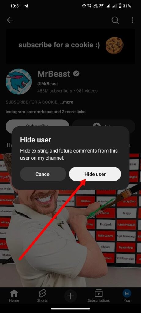 click hide user option