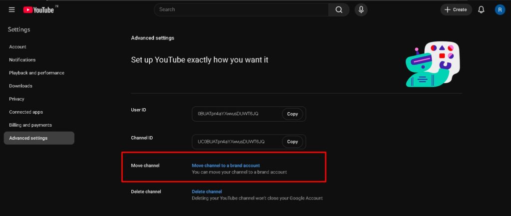 click move channel to a brand account