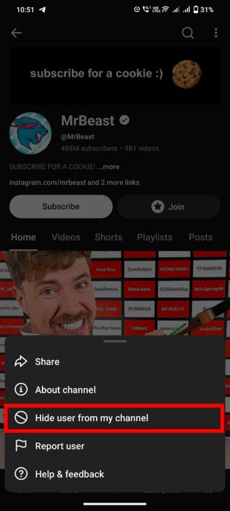 select hide user from my channel option